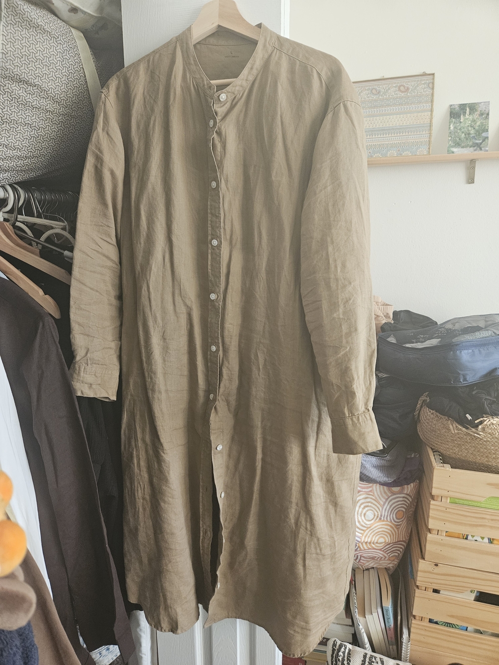 Muji Long Button-Front 100 Percent Linen Shirt Dress in Tan